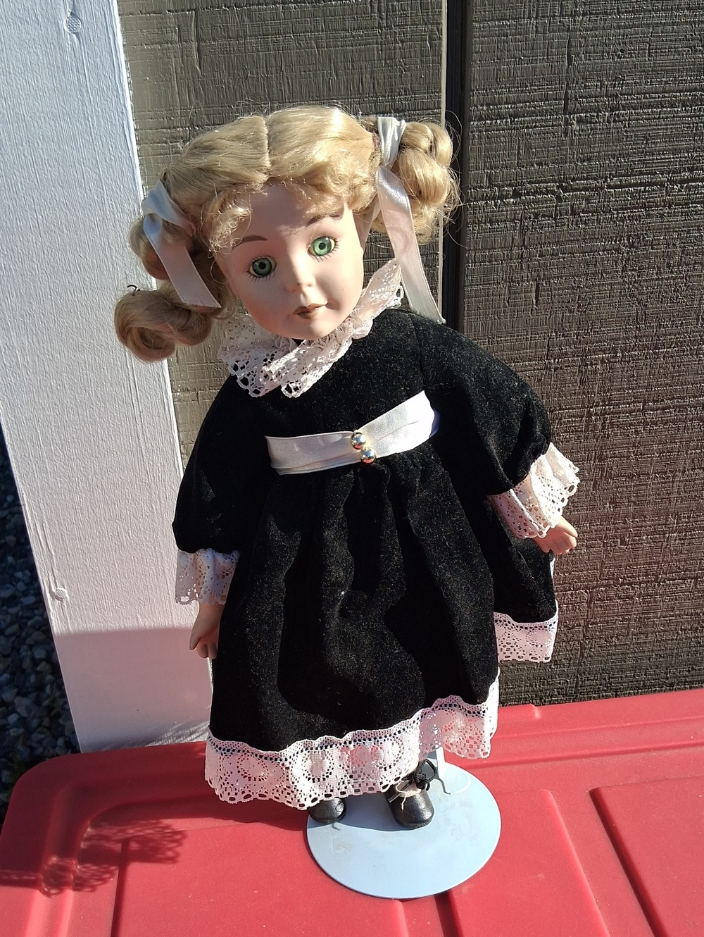 Porcelain Collectible Doll in Black Dress with Blonde Hair